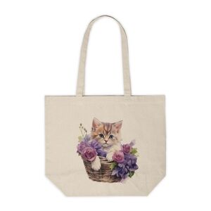 Floral Cat in a Basket Custom Canvas Tote Bag